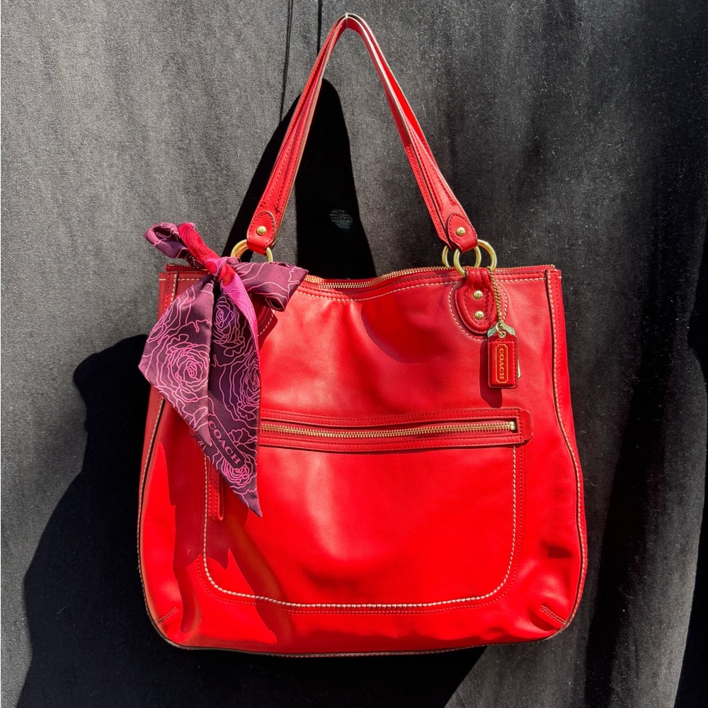 Coach Red Leather Tote Bag with Purple Scarf Accent